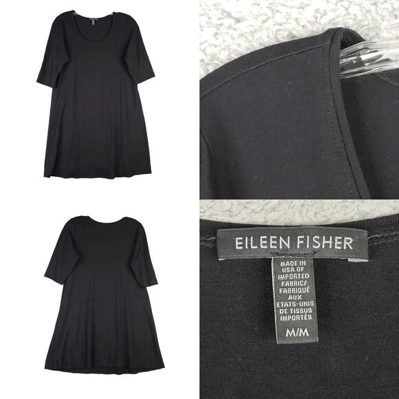 Eileen Fisher Tunic Dress Size Medium M Black Stretch Knit Short Sleeve - Picture 1 of 7